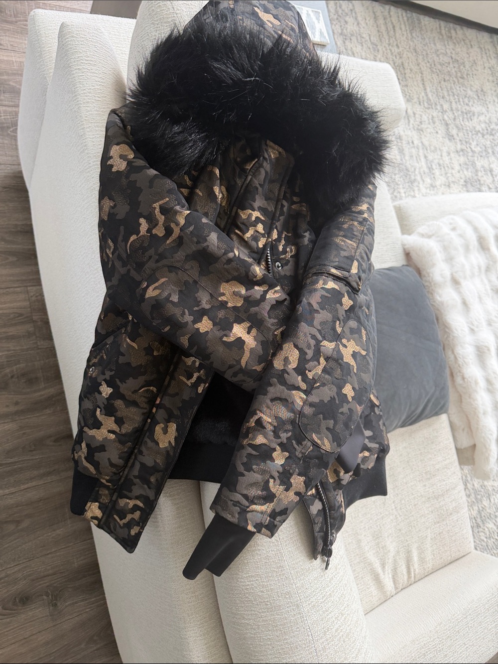 Women's Metallic Camo Puffer Coat with Faux Fur Hood
